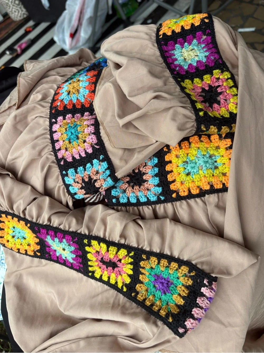 Taupe Cropped Pants with Black Multicolor Crochet Trim - Picture 1 of 7
